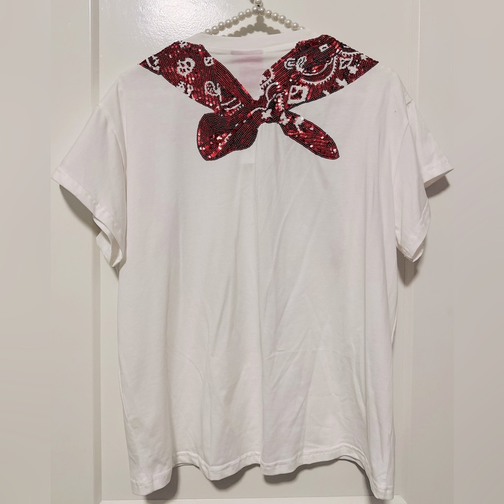 BRAND NEW • QOS • QUEEN OF SPARKLES • RED  & WHITE BANDANA SHIRT• SIZE XS - Picture 2 of 2